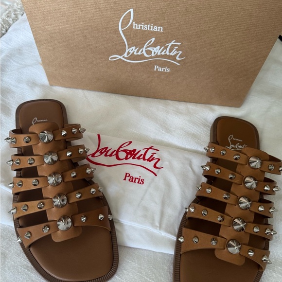 Christian Louboutin Charja Flat Tan Studded Sandals - Picture 3 of 3